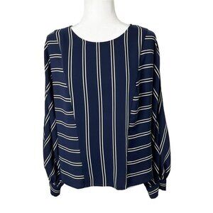 Express Women's Striped Blouse Size M Blue & White Dolman Long Sleeve Slit Back